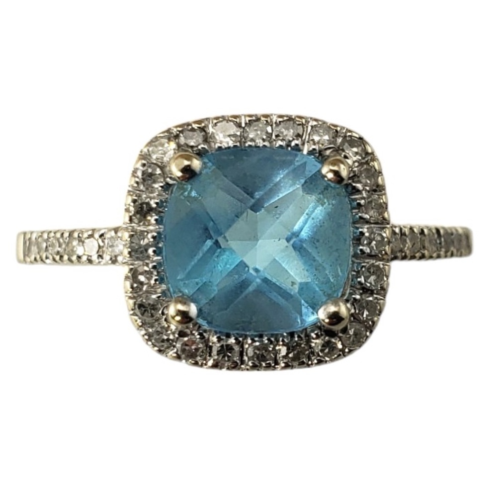 Vintage 14 Karat White Gold Blue Topaz and Diamond Ring Size 7.25 #15633